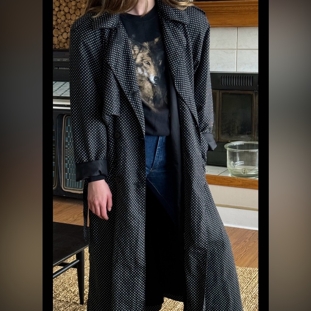 80s Vintage Polka Dot Trench Coat Black and White
